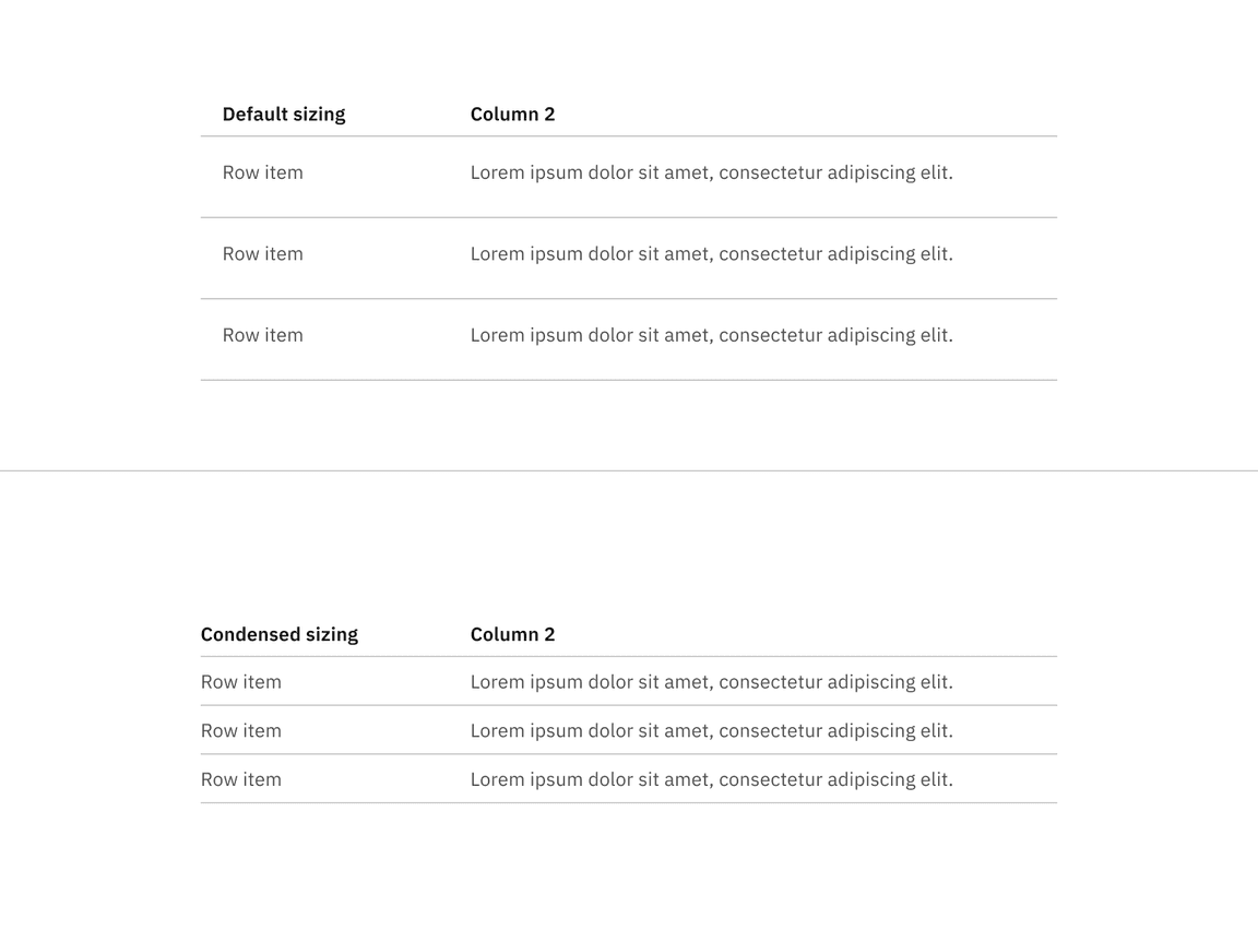 data table sizing